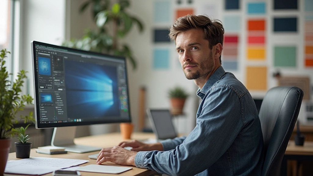 Designer zit aan bureau met merkbestanden op scherm