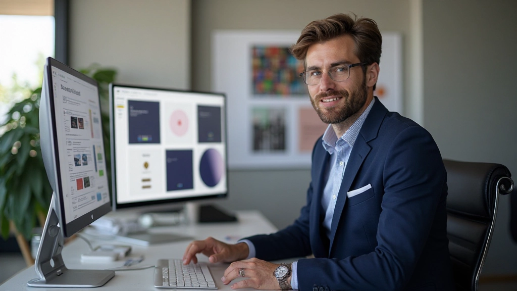 Ontwerper die merkrichtlijnen bekijkt op grote schermen met kleurcodes en typografische schalen