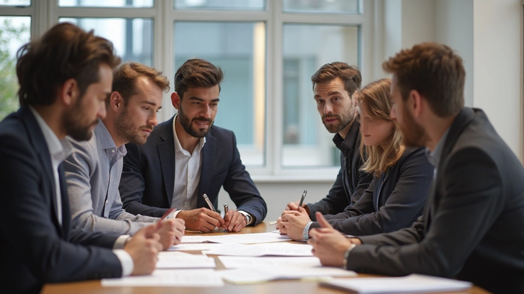 Team zit rond vergadertafel met merkrichtlijnen document en laptops, concentratie en samenwerking