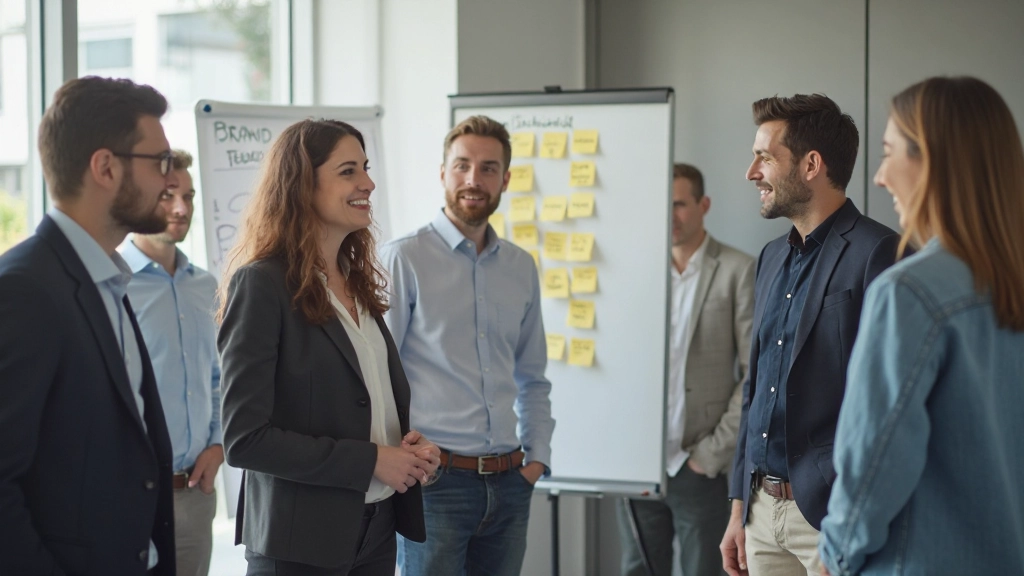 Teamvergadering waar feedback wordt gegeven over merktoepassing, post-it notes met ideeën op whiteboard