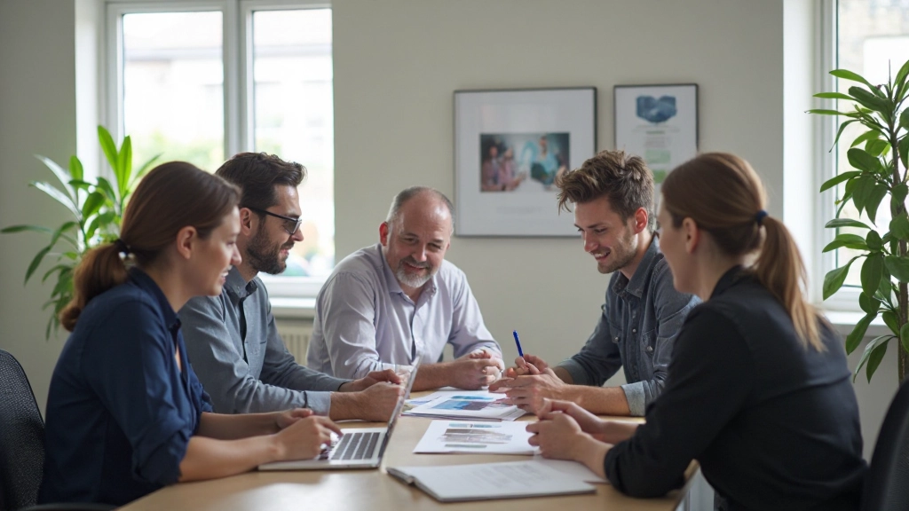 Marketingteam in brainstormsessie rond tafel met moodboards en merkassets
