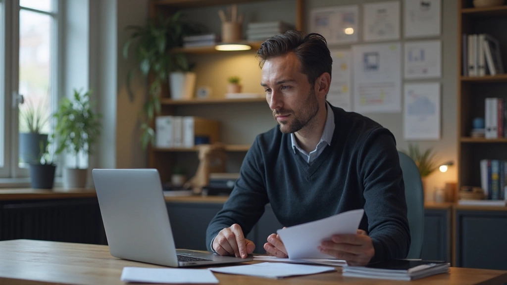 Designer die aan bureau werkt met merkrichtlijnen document en kleurenpalette zichtbaar op computermonitor