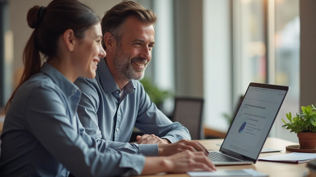 Mentor helpt jonge teamleden met laptop, wijzend op merkrichtlijnen, gelukkig en betrokken moment