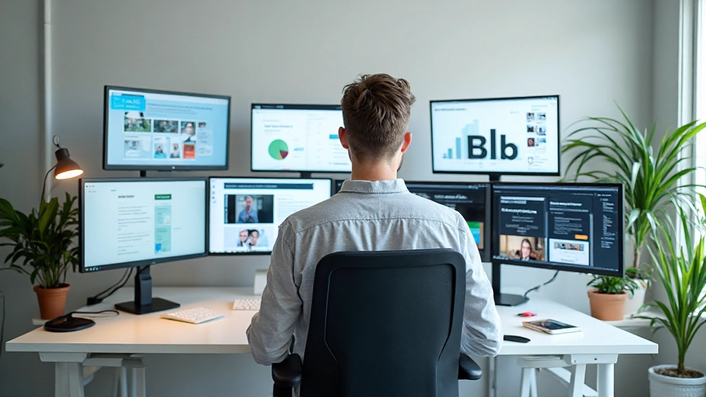 Moderne werkplek met merkrichtlijnen en kleurschema's op meerdere schermen