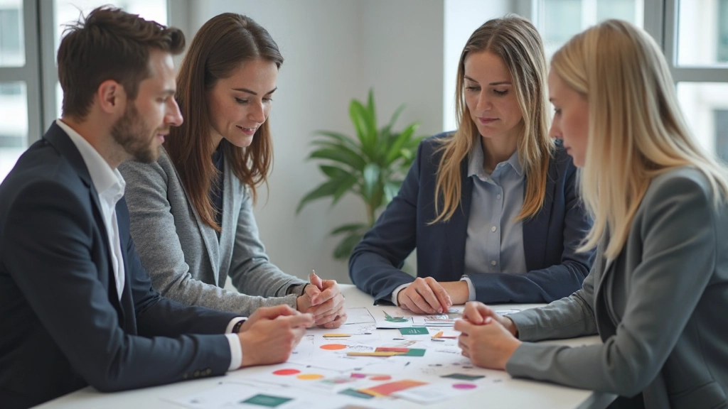 Team training sessie waar merkrichtlijnen worden uitgelegd aan diverse collega's in een moderne kantoor