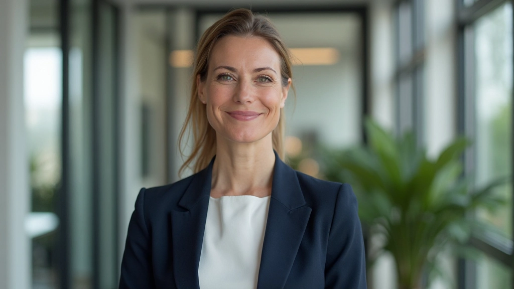 Professionele vrouw in business outfit die zelfverzekerd kijkt in een moderne kantooromgeving