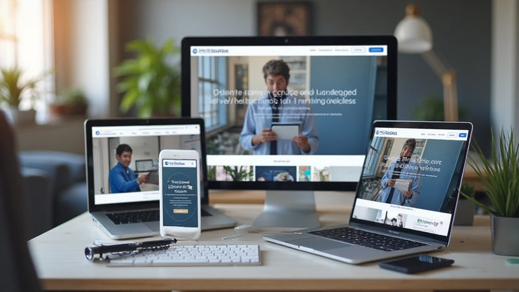 Responsive website design getoond op smartphones, tablets en desktop monitoren met consistente visuele identiteit
